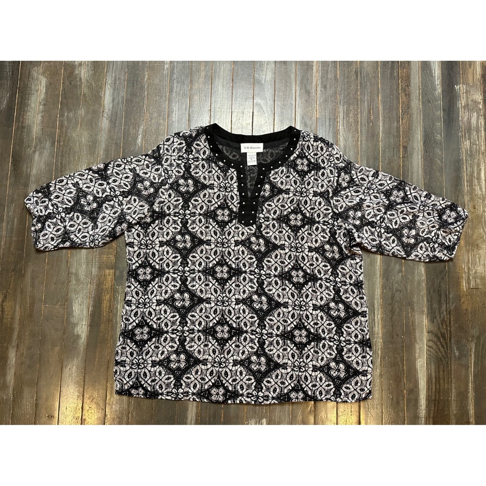 C.D. Daniels Womens 1X Blouse Black White Geometric Floral Studded Mesh Top